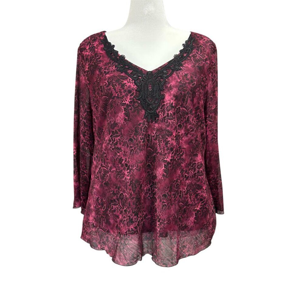 Biyaycda Dark Floral Sheer Witchy Lace Applique Blouse Sz 2X